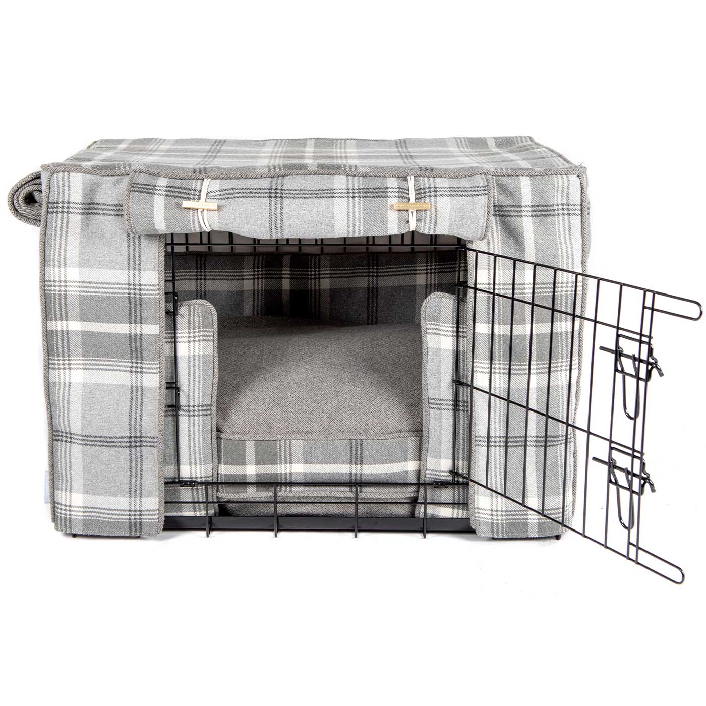 Luxury Heavy Duty Dog Crate, In Stunning Balmoral Dove Grey Tweed Crate Set, The Perfect Dog Crate Set For Building The Ultimate Pet Den! Dog Crate Cover Available To Personalise at Lords & Labradors 