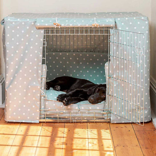 Luxury Dog Crate Cover, Duck Egg Spot Oil Cloth Crate Cover The Perfect Dog Crate Accessory, Available To Personalise Now at Lords & Labradors