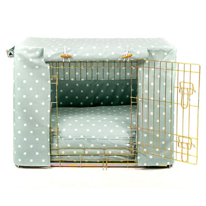Luxury Heavy Duty Dog Crate, In Stunning Duck Egg Spot Oil Cloth Crate Set, The Perfect Dog Crate Set For Building The Ultimate Pet Den! Dog Crate Cover Available To Personalise at Lords & Labradors 