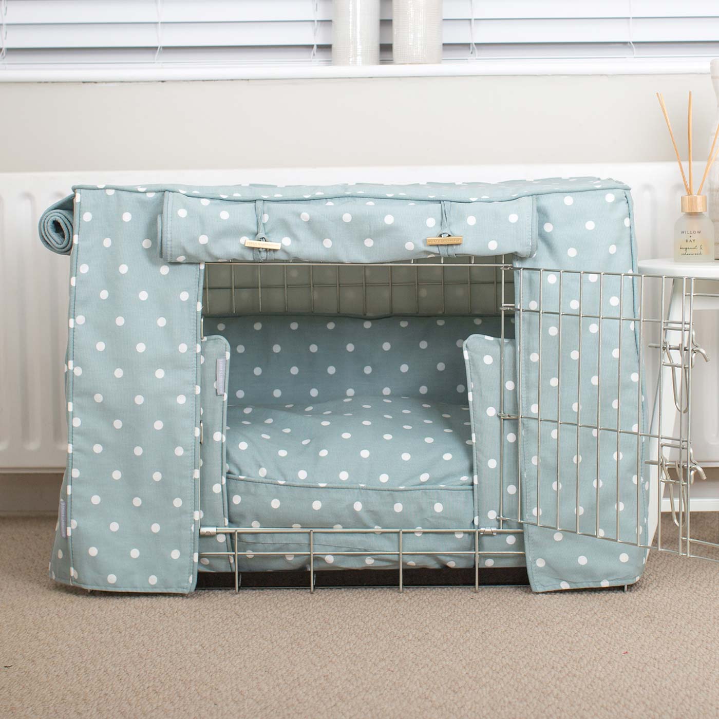 Luxury Heavy Duty Dog Crate, In Stunning Duck Egg Spot Crate Set, The Perfect Dog Crate Set For Building The Ultimate Pet Den! Dog Crate Cover Available To Personalise at Lords & Labradors 