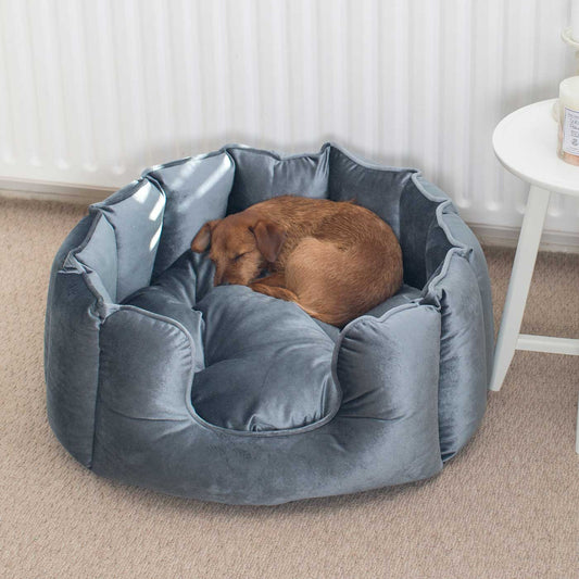 Discover Our Luxurious High Wall Velvet Bed For Dogs, Featuring inner pillow with plush teddy fleece on one side To Craft The Perfect Dogs Bed In Stunning Elephant Velvet! Available To Personalise Now at Lords & Labradors 