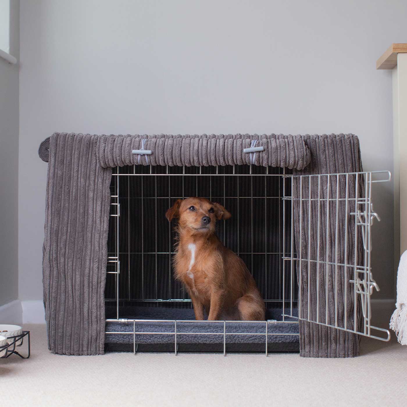 Discover our Luxury Dog Crate Cover, in Dark Grey Essentials Plush. The Perfect Dog Crate Accessory, Available To Personalise Now at Lords & Labradors