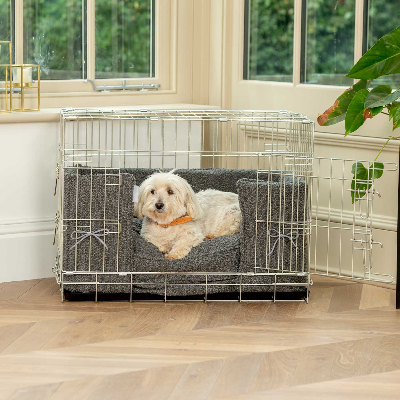 Discover our Luxury Dog Crate Bumper, in Granite Bouclé. The Perfect Dog Crate Accessory, Available To Personalise Now at Lords & Labradors