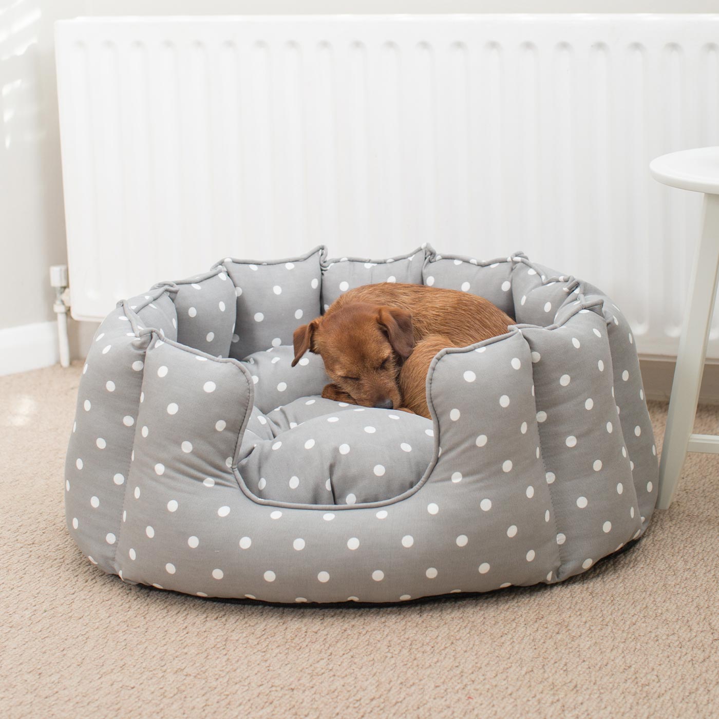 Discover Our Luxurious High Wall Bed For Dogs & Puppies, Featuring Reversible Inner Cushion With Teddy Fleece To Craft The Perfect Dog Bed In Stunning Grey Spot! Available To Personalise Now at Lords & Labradors 