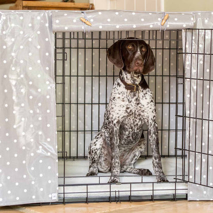 Luxury Dog Crate Cover, Grey Spot Oil Cloth Crate Cover. The Perfect Dog Crate Accessory, Available To Personalise Now at Lords & Labradors