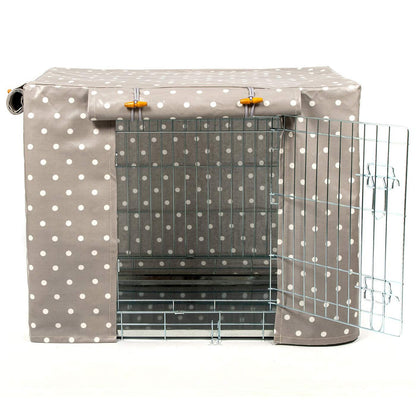 Luxury Dog Crate Cover, Grey Spot Oil Cloth Crate Cover. The Perfect Dog Crate Accessory, Available To Personalise Now at Lords & Labradors