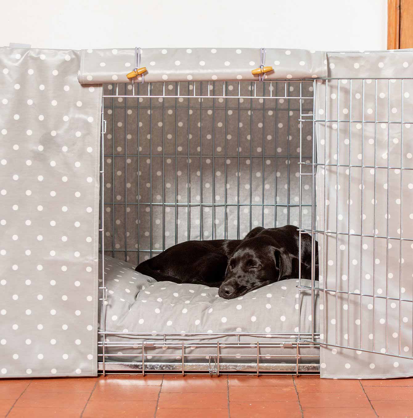 Luxury Heavy Duty Dog Crate, In Stunning Grey Spot Oil Cloth Crate Set, The Perfect Dog Crate Set For Building The Ultimate Pet Den! Dog Crate Cover Available To Personalise at Lords & Labradors