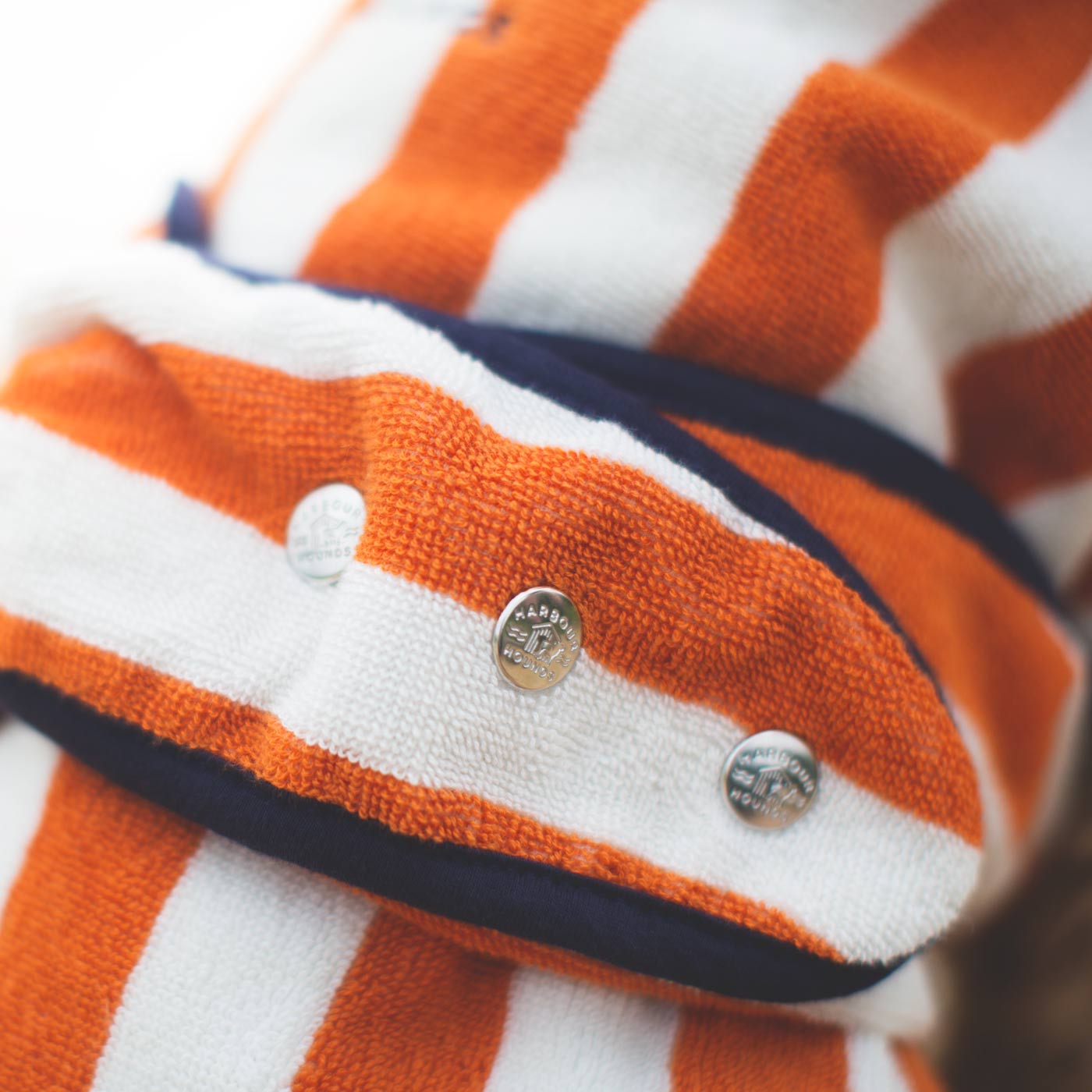Harbour Hounds orange stripe drying robe close up back strap