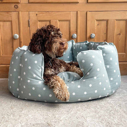 Discover Our Luxurious High Wall Bed For Dogs & Puppies, Featuring Reversible Inner Cushion With Teddy Fleece To Craft The Perfect Dog Bed In Stunning Duck Egg Spot! Available To Personalise Now at Lords & Labradors 