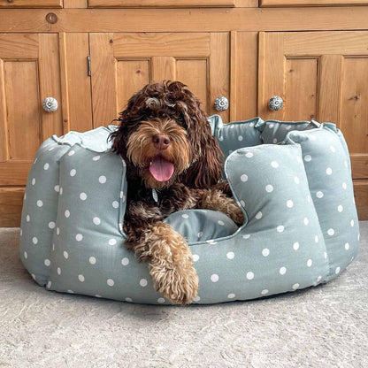 Discover Our Luxurious High Wall Bed For Dogs & Puppies, Featuring Reversible Inner Cushion With Teddy Fleece To Craft The Perfect Dog Bed In Stunning Duck Egg Spot! Available To Personalise Now at Lords & Labradors 