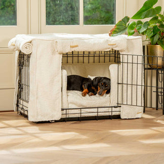 View of Ivory Bouclé Crate Set | Dog Crate Bedding Set | Lords & Labradors