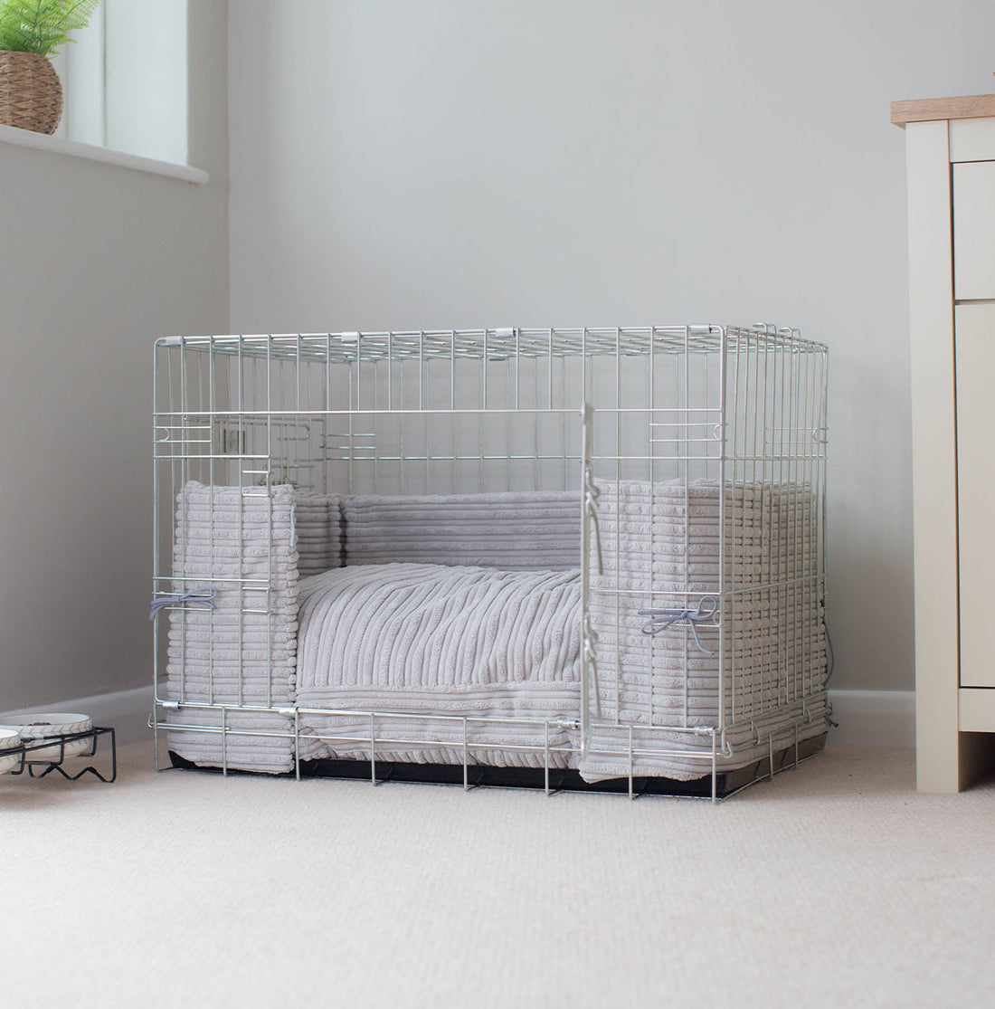 Curated visual reference: Gallery Detail: Light Grey Plush Crate Bumper Dog Crate Bedding