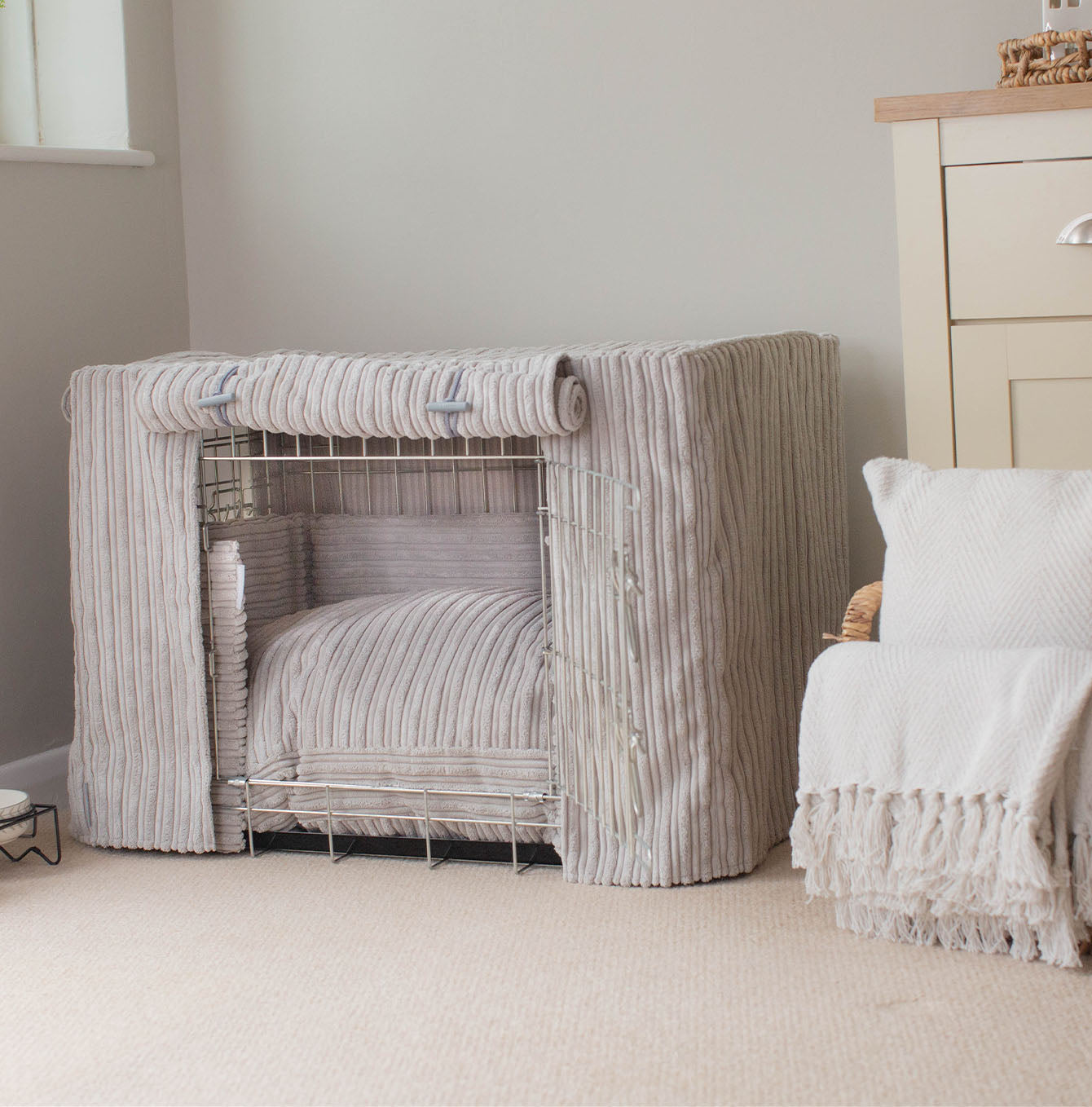 Luxury Dog Crate Set, Essentials Complete Plush Crate Set In Light Grey! Build The Ultimate Dog Den For The Perfect Burrow! Dog Crate Cover Available To Personalise at Lords & Labradors