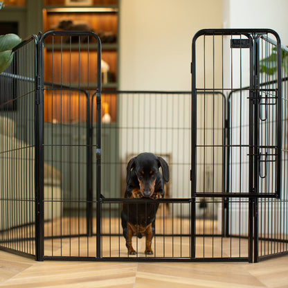 Ensure The Ultimate Puppy Safety with Our Heavy Duty 80cm High Black Metal Play Pen, Crafted to Take Your Pet Right Through Maturity! Powder Coated to Be Extra Hardwearing! 6 panels that are 80cm high and attachments to connect to any crate. The modular system allows you to change the puppy pen shape with multiple layouts! Available To Now at Lords & Labradors 