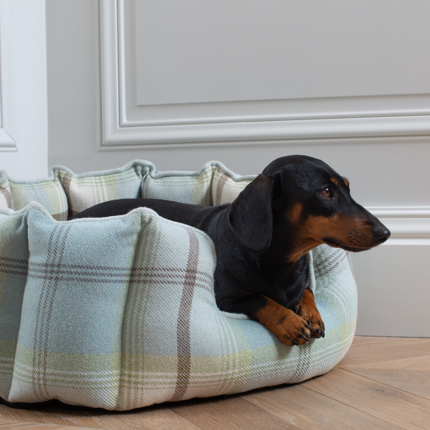 Discover Our Luxurious High Wall Bed For Dogs, Featuring inner pillow with plush teddy fleece on one side To Craft The Perfect Dogs Bed In Stunning Duck Egg Tweed! Available To Personalise Now at Lords & Labradors    