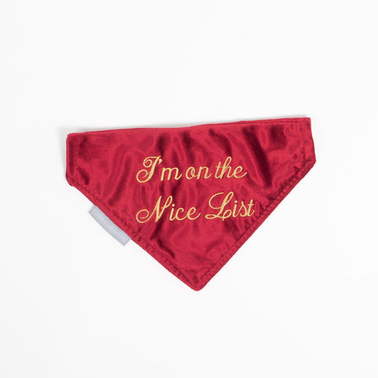 Discover The Perfect Bandana For Dogs, ' I'm on the Nice List ' Dog Bandana In Luxury Cranberry Velvet, Available To Now at Lords & Labradors    