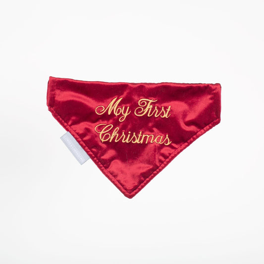 Discover The Perfect Bandana For Dogs, ' My First Christmas ' Dog Bandana In Luxury Cranberry Velvet, Available To Now at Lords & Labradors    