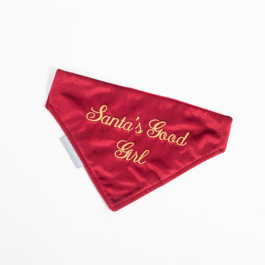 Discover The Perfect Bandana For Dogs, ' Santa's Good Girl ' Dog Bandana In Luxury Cranberry Velvet, Available To Now at Lords & Labradors    