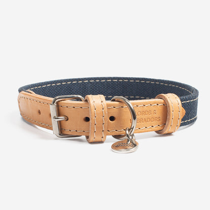 Discover dog walking luxury with our handcrafted Italian dog collar in beautiful essentials twill navy denim with denim blue fabric! The perfect collar for dogs available now at Lords & Labradors    