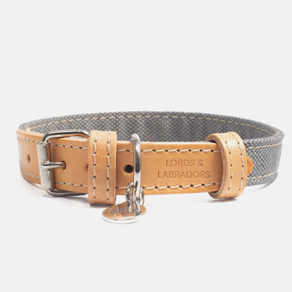 Discover dog walking luxury with our handcrafted Italian dog collar in beautiful essentials twill grey slate with grey fabric! The perfect collar for dogs available now at Lords & Labradors    