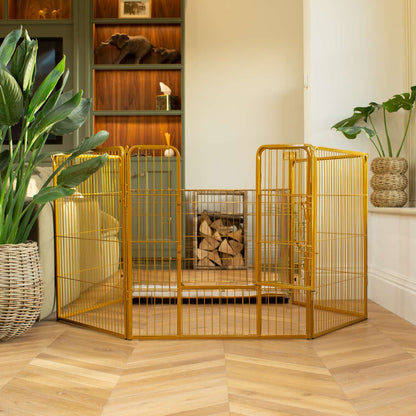 Ensure The Ultimate Puppy Safety with Our Heavy Duty 80cm High Gold Metal Play Pen, Crafted to Take Your Pet Right Through Maturity! Powder Coated to Be Extra Hardwearing! 6 panels that are 80cm high and attachments to connect to any crate. The modular system allows you to change the puppy pen shape with multiple layouts! Available To Now at Lords & Labradors 