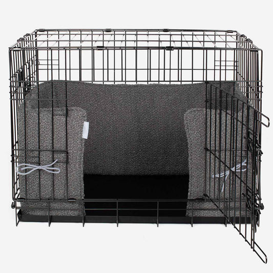 Luxury Dog Crate Bumper, Bouclé Crate Bumper Cover, in Granite Boucle. The Perfect Dog Crate Accessory, Available Now at Lords & Labradors