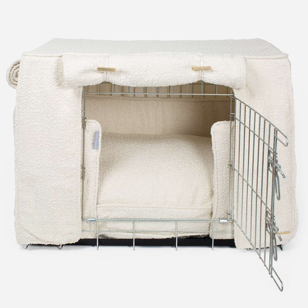 Image showcasing Ivory Bouclé Crate Set | Dog Crate Bedding Set | Lords & Labradors