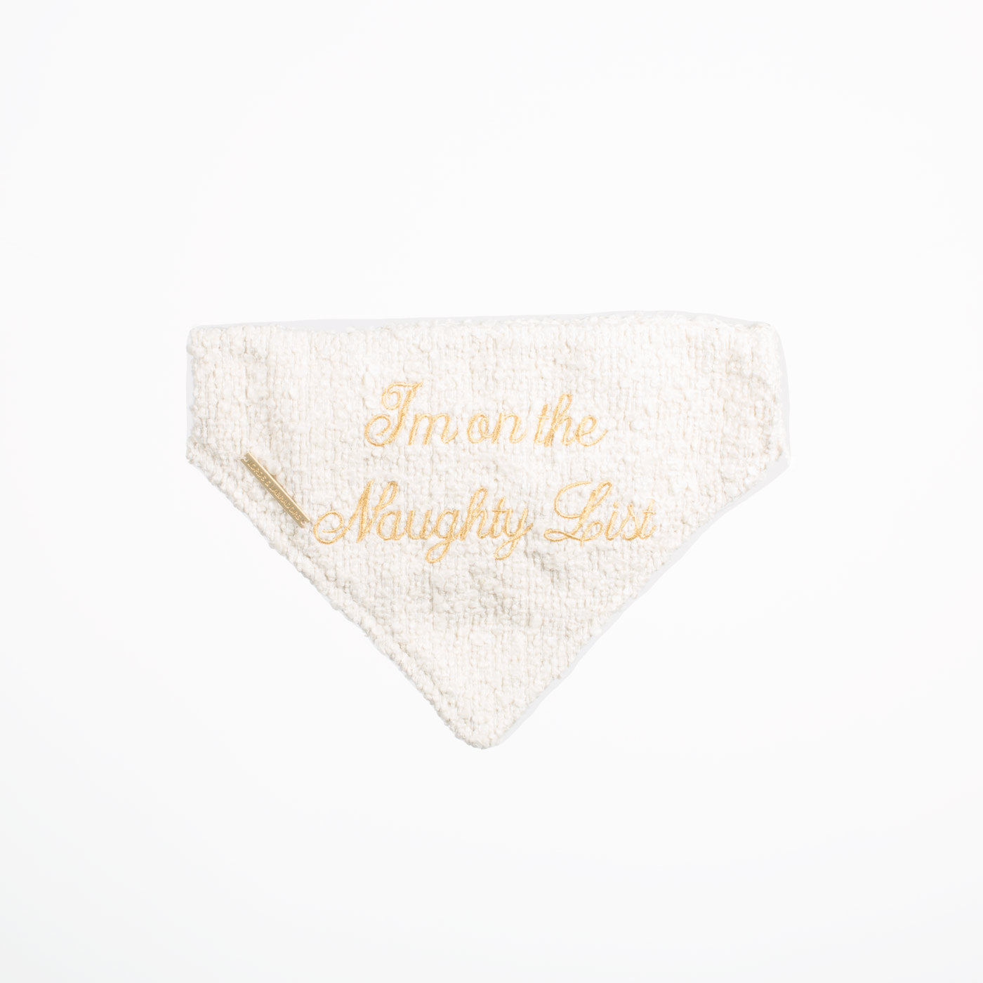 Discover The Perfect Bandana For Dogs, ' I'm on the Naughty List ' Dog Bandana In Luxury Ivory Bouclé, Available To Now at Lords & Labradors    