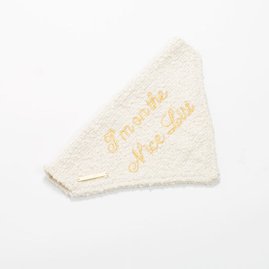 Discover The Perfect Bandana For Dogs, ' I'm on the Nice List ' Dog Bandana In Luxury Ivory Bouclé, Available To Now at Lords & Labradors    