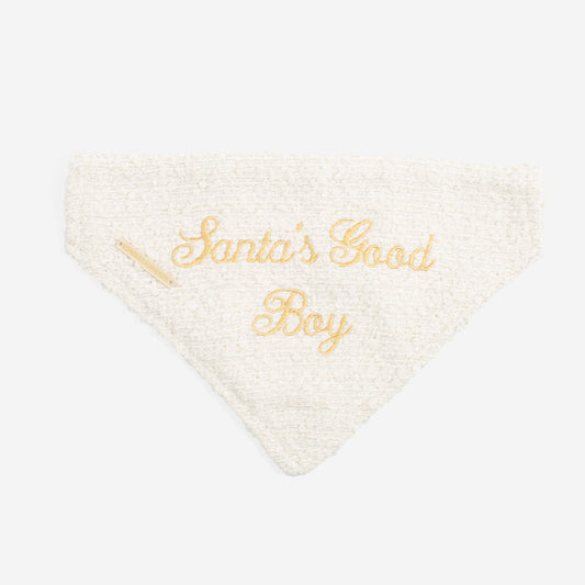 Discover The Perfect Bandana For Dogs, ' Santa's Good Boy ' Dog Bandana In Luxury Ivory Bouclé, Available To Now at Lords & Labradors 