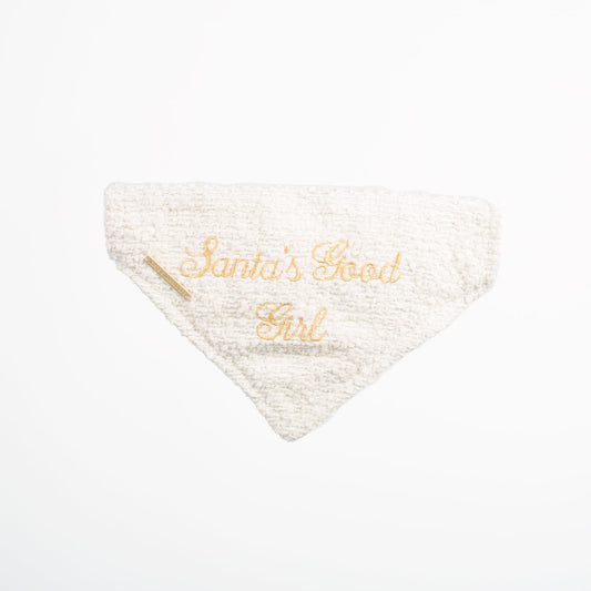 Discover The Perfect Bandana For Dogs, ' Santa's Good Girl ' Dog Bandana In Luxury Ivory Bouclé, Available To Now at Lords & Labradors 