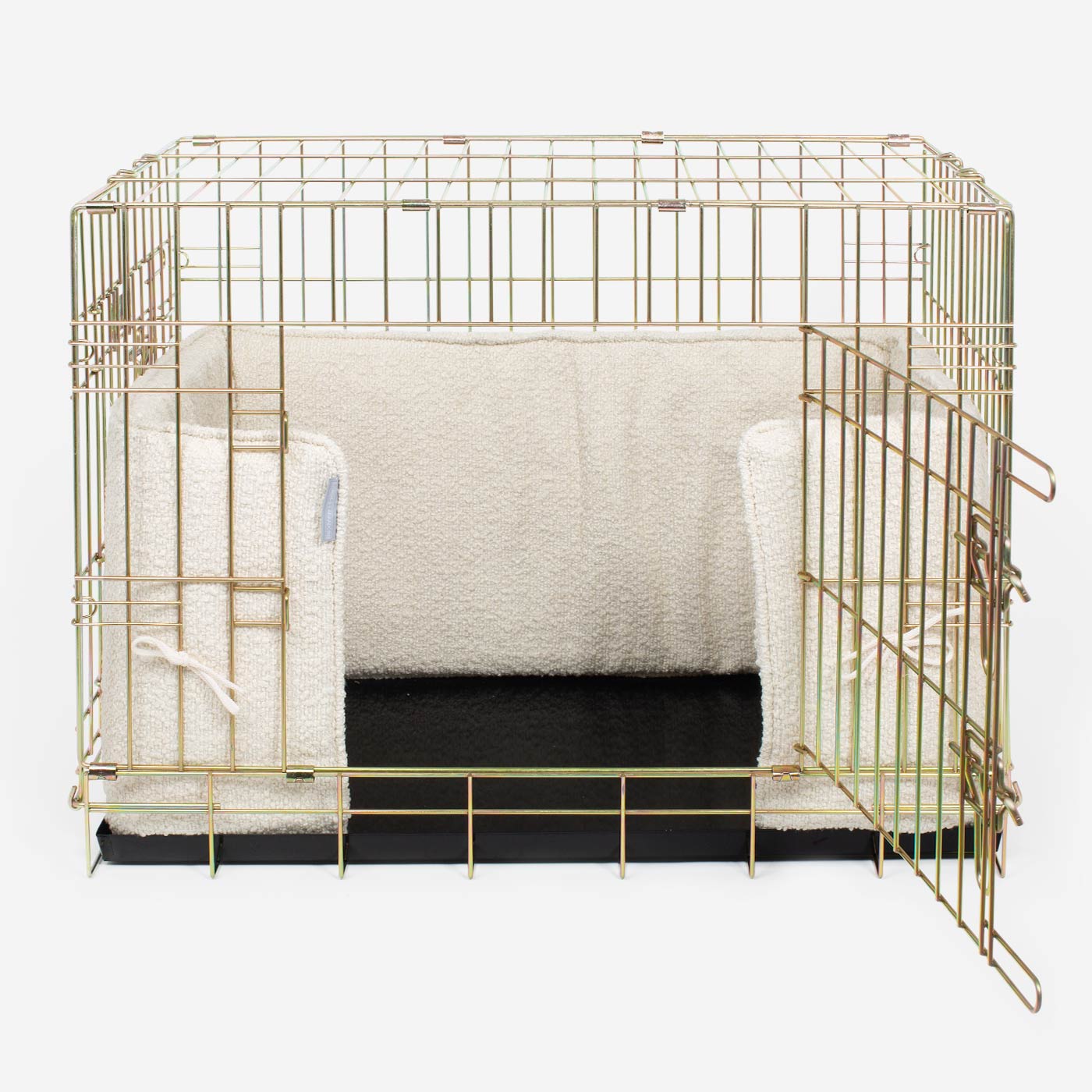 Discover our Luxury Dog Crate Bumper, in Ivory Bouclé. The Perfect Dog Crate Accessory, Available To Personalise Now at Lords & Labradors