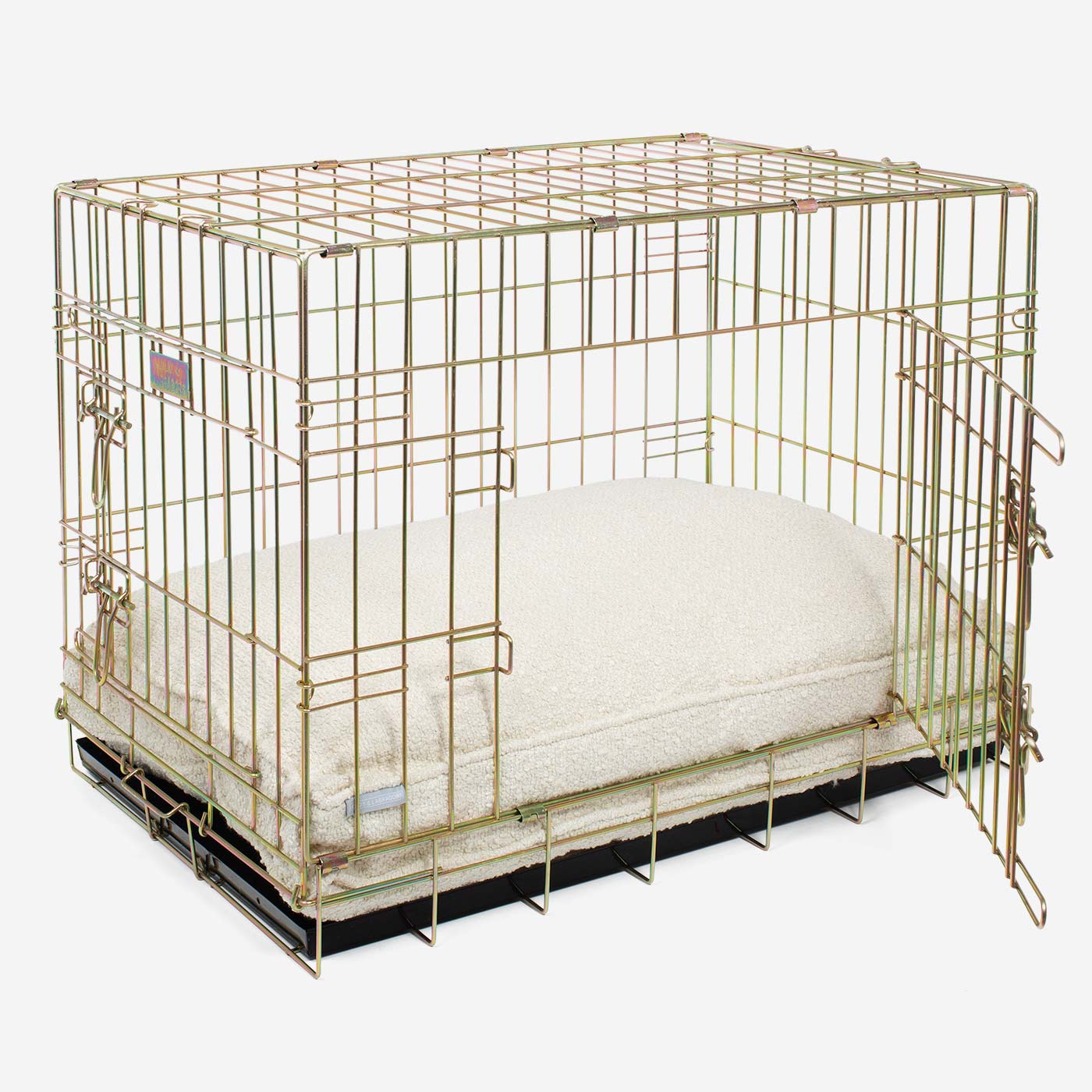 Discover Our Heavy-Duty Dog Crate With Luxury Dog Cushion Set! The Perfect Crate Accessory For Pet Burrow. Available To Personalise In Stunning Ivory, Mink, Granite Bouclé Here at Lords & Labradors 
