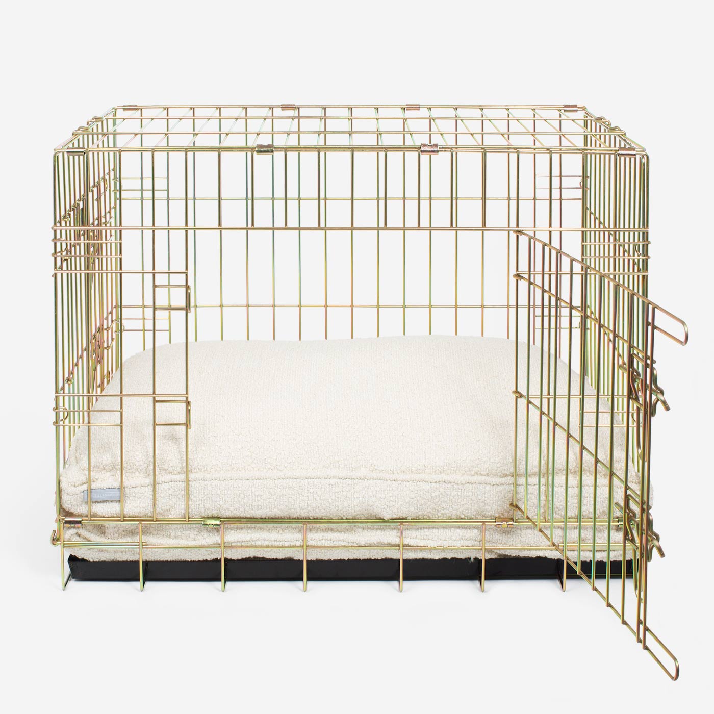 Discover Our Heavy-Duty Dog Crate With Luxury Dog Cushion Set! The Perfect Crate Accessory For Pet Burrow. Available To Personalise In Stunning Ivory, Mink, Granite Bouclé Here at Lords & Labradors 