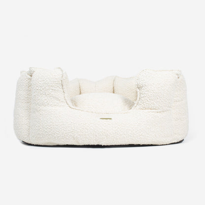 Discover Our Luxurious High Wall Bed For Dogs, Featuring inner pillow with plush teddy fleece on one side To Craft The Perfect Dogs Bed In Stunning Ivory Bouclé! Available To Personalise Now at Lords & Labradors    