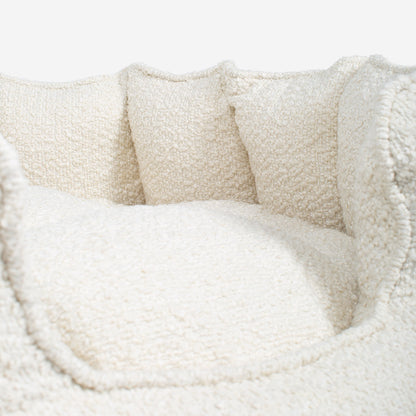 Discover Our Luxurious High Wall Bed For Dogs, Featuring inner pillow with plush teddy fleece on one side To Craft The Perfect Dogs Bed In Stunning Ivory Bouclé! Available To Personalise Now at Lords & Labradors    