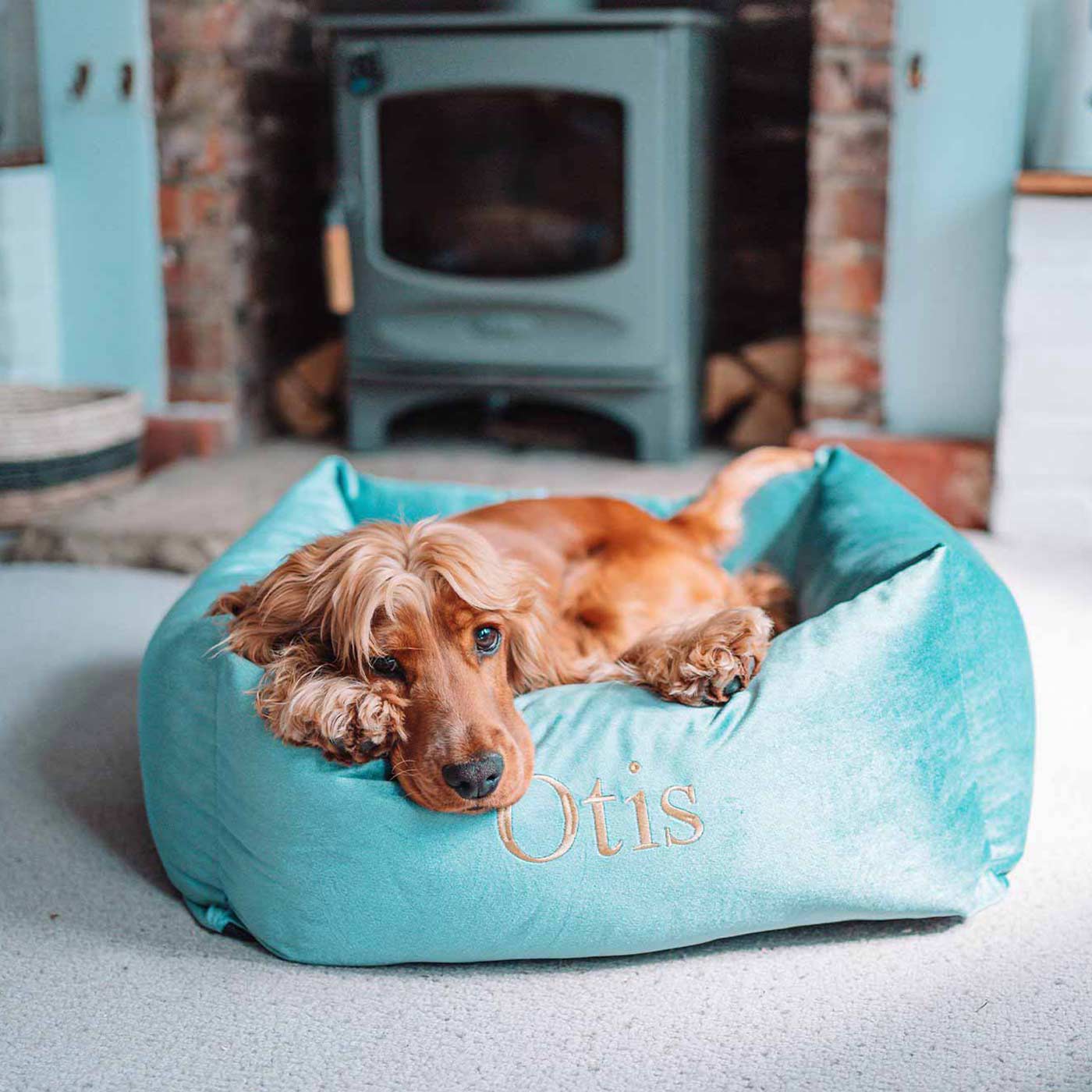 [colour:duck egg velvet] Luxury Handmade Box Bed For Dogs in Velvet, in Duck Egg Velvet. Perfect For Your Pets Nap Time! Available To Personalise at Lords & Labradors