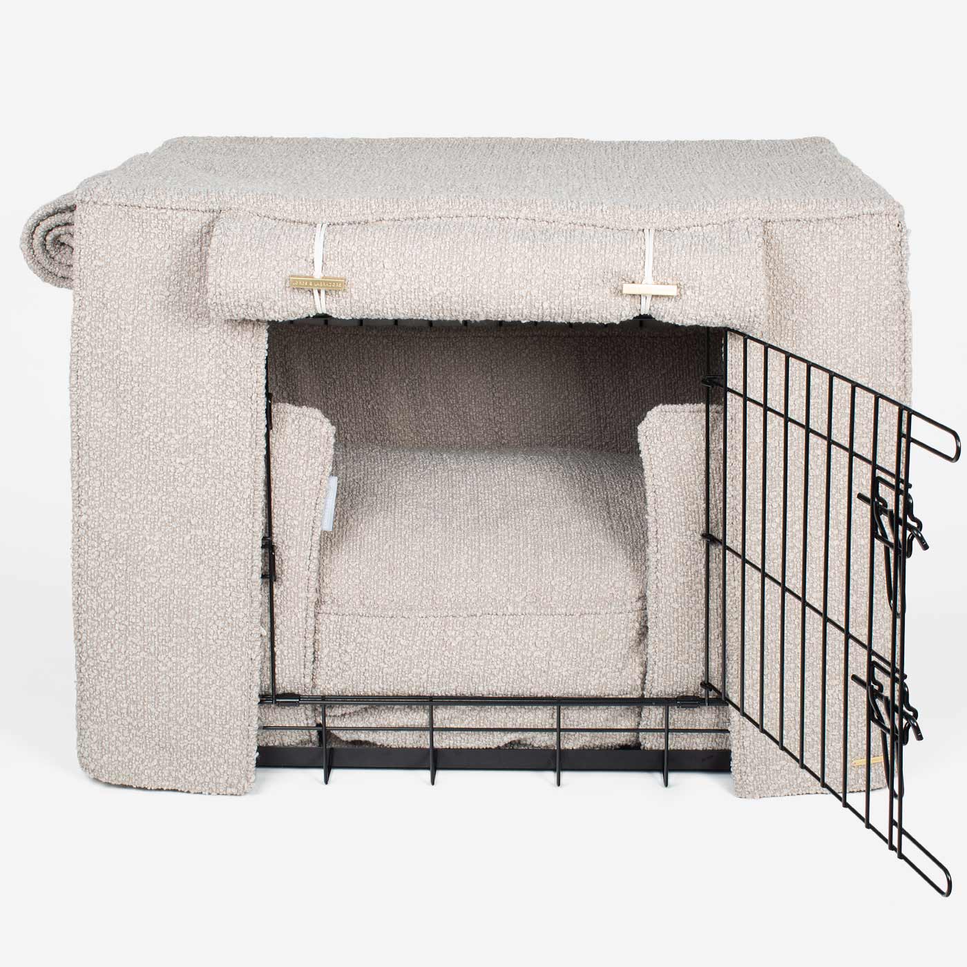 Luxury Heavy Duty Dog Crate, In Stunning Mink Bouclé Crate Set, The Perfect Dog Crate Set For Building The Ultimate Pet Den! Dog Crate Cover Available To Personalise at Lords & Labradors