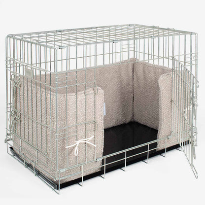 Luxury Dog Crate Bumper, Bouclé Crate Bumper Cover, in Mink Boucle. The Perfect Dog Crate Accessory, Available Now at Lords & Labradors