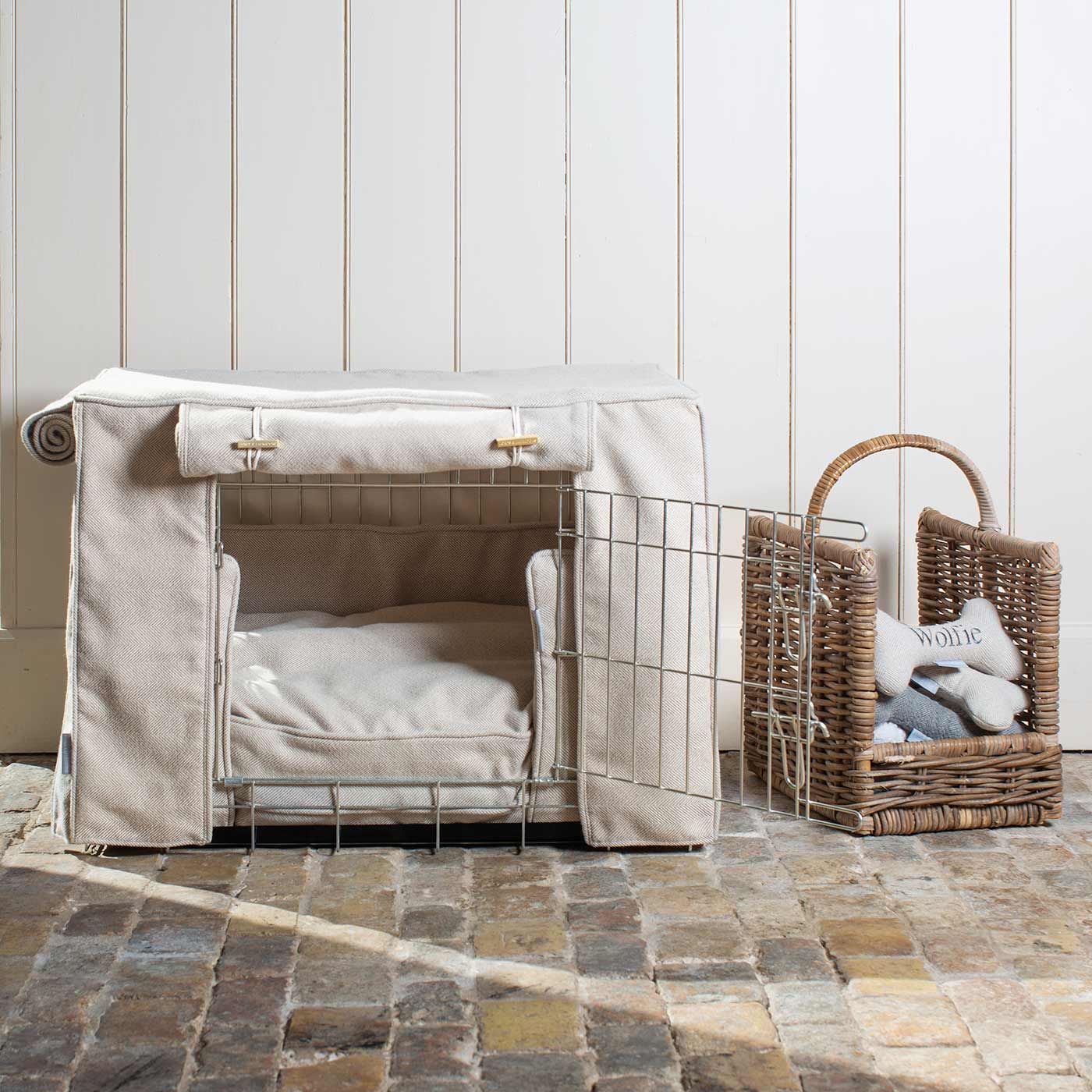 Luxury Heavy Duty Dog Crate, In Stunning Natural Herringbone Tweed Crate Set, The Perfect Dog Crate Set For Building The Ultimate Pet Den! Dog Crate Cover Available To Personalise at Lords & Labradors