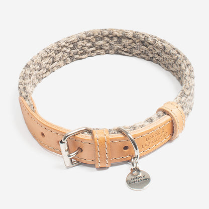Discover dog walking luxury with our handcrafted Italian dog collar in beautiful pebble with woven grey fabric! The perfect collar for dogs available now at Lords & Labradors 