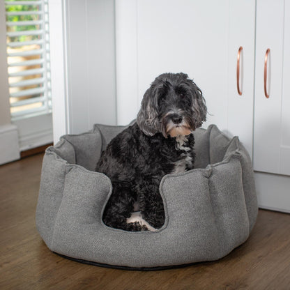Discover Our Luxurious High Wall Bed For Dogs, Featuring inner pillow with plush teddy fleece on one side To Craft The Perfect Dogs Bed In Stunning Pewter Herringbone Tweed! Available To Personalise Now at Lords & Labradors    