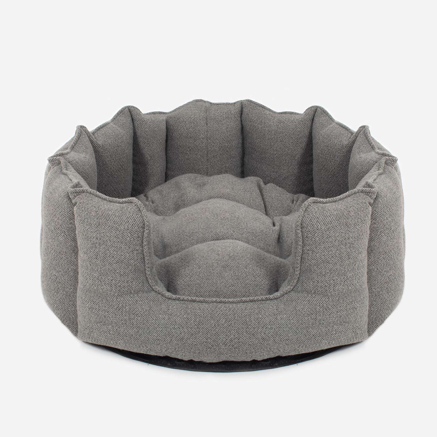 Discover Our Luxurious High Wall Bed For Cats, Featuring inner pillow with plush teddy fleece on one side To Craft The Perfect Cat Bed In Stunning Pewter Herringbone Tweed! Available To Personalise Now at Lords & Labradors    