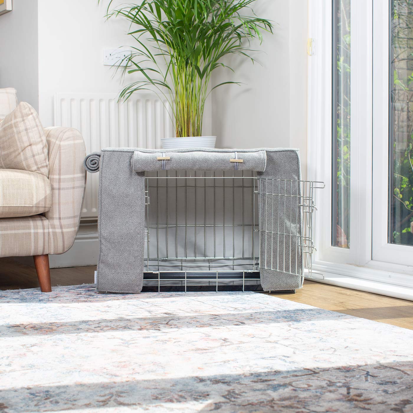 Discover our Luxury Dog Crate Cover, in Pewter Herringbone. The Perfect Dog Crate Accessory, Available To Personalise Now at Lords & Labradors