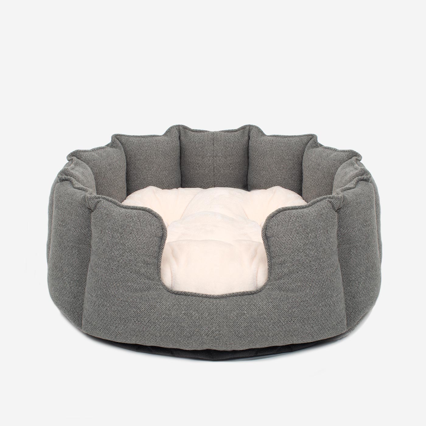 Discover Our Luxurious High Wall Bed For Cats, Featuring inner pillow with plush teddy fleece on one side To Craft The Perfect Cat Bed In Stunning Pewter Herringbone Tweed! Available To Personalise Now at Lords & Labradors    
