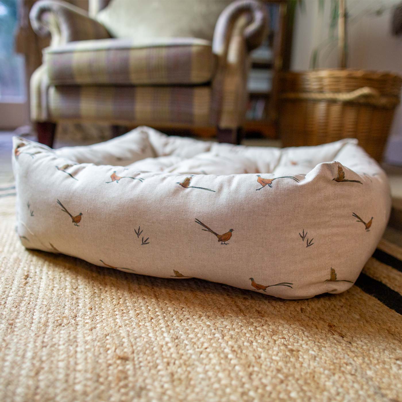 [colour:woodland pheasant] Luxury Handmade Box Bed For Dogs in Woodland, in Woodland Pheasant. Perfect For Your Pets Nap Time! Available To Personalise at Lords & Labradors