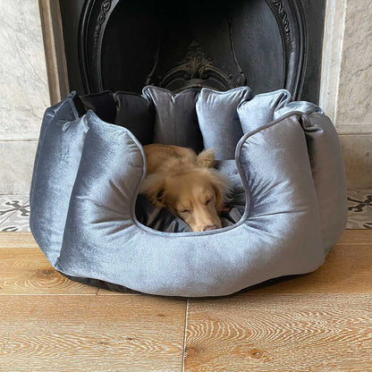 Discover Our Luxurious High Wall Velvet Bed For Dogs, Featuring inner pillow with plush teddy fleece on one side To Craft The Perfect Dogs Bed In Stunning Elephant Velvet! Available To Personalise Now at Lords & Labradors 