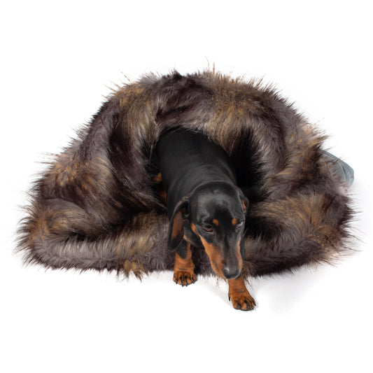 Calming Dog Sleeping Bag, In Luxurious Wolf Faux Fur, The Perfect Pet Bed Time Accessory! Available Now at Lords & Labradors 