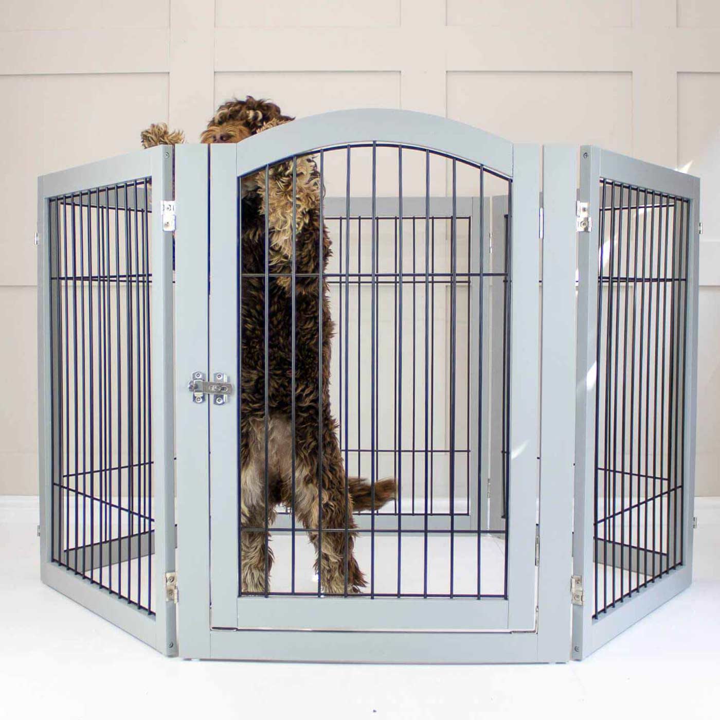 [color:grey] Ensure The Ultimate Puppy Safety with Our Heavy Duty Wooden Puppy Play Pen in Grey or white, Crafted to Take Your Pet Right Through Maturity! Powder Coated to Be Extra Hardwearing! 6 panels that are 80.5cm high! Available To Now at Lords & Labradors