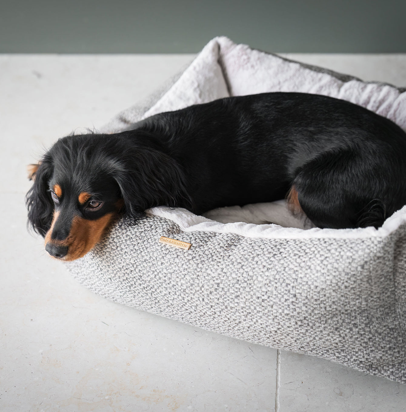 Discover This Luxurious Box Bed For Dogs, Made Using Beautiful Herdwick Fabric To Craft The Perfect Dog Box Bed! In Stunning Pebble, Available Now at Lords & Labradors 